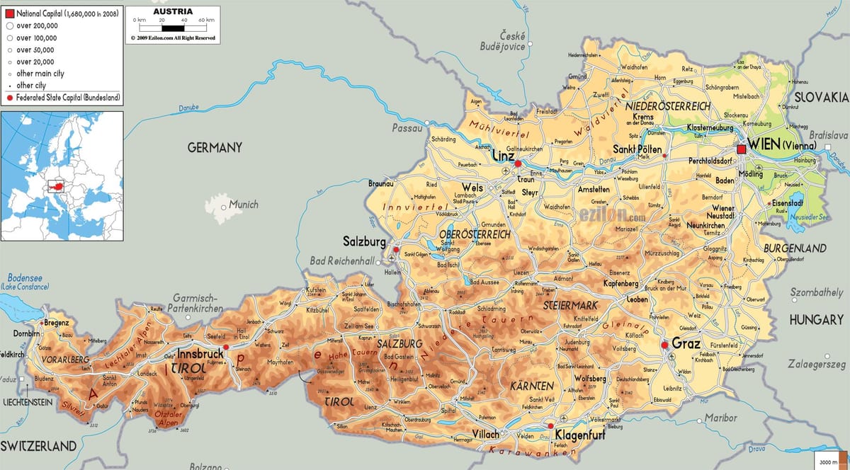 mapa ng pisikal na mapa ng austria